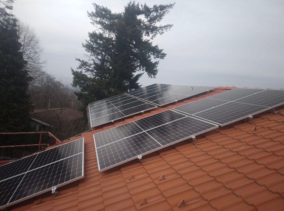 Solar panels installed on a red-tiled roof with evergreen trees and bare trees visible in a misty background