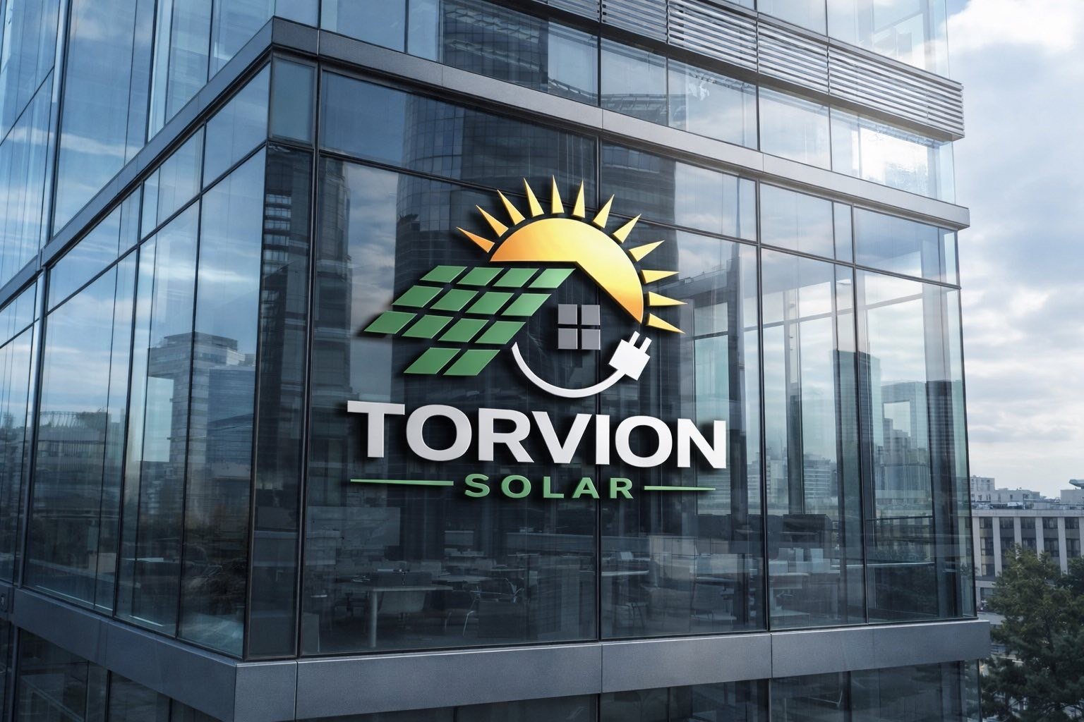 Torvion Solar logo displayed on modern glass building facade with sun and solar panel graphics